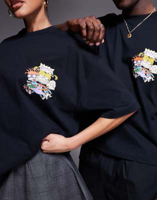 Asos Design Unisex Boxy Oversized Licensed T-shirt With Rugrats Chuckie Prints In Black