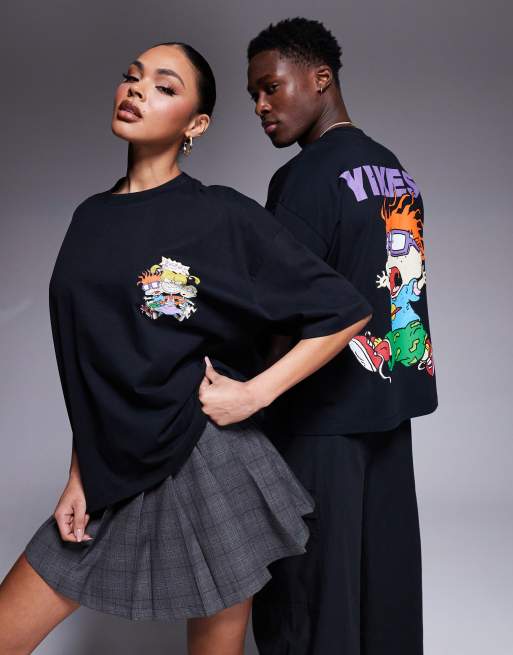 ASOS DESIGN unisex boxy oversized licensed T-shirt with Rugrats Chuckie prints in black