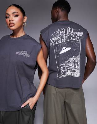 Asos Design Unisex Boxy Oversized Licensed Tank Top With Foo Fighters Prints In Gray