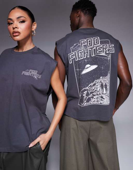 ASOS DESIGN unisex boxy oversized licensed tank top with Foo Fighters prints in gray