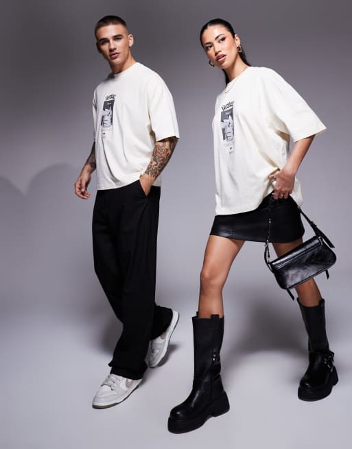 ASOS DESIGN unisex boxy oversized Pokemon t-shirt with Pokemon Pikachu prints and embroidery in beige