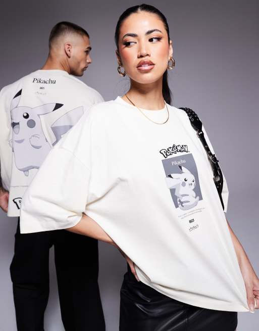 ASOS DESIGN unisex boxy oversized Pokemon t-shirt with Pokemon Pikachu prints and embroidery in beige