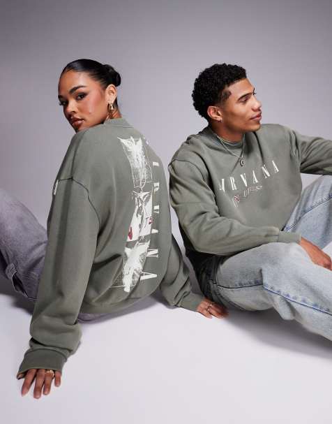 ASOS DESIGN unisex boxy oversized sweatshirt with Nirvana prints in washed khaki - view 1