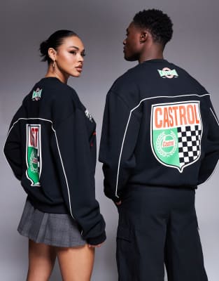 Asos Design Unisex Boxy Oversized Sweatshirt With Piping Detail And Castrol Racing Prints In Black
