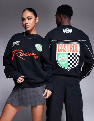 Asos Design Unisex Boxy Oversized Sweatshirt With Piping Detail And Castrol Racing Prints In Black