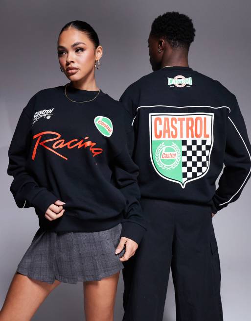 ASOS DESIGN unisex boxy oversized sweatshirt with piping detail and Castrol Racing prints in black