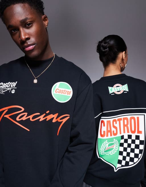 ASOS DESIGN unisex boxy oversized sweatshirt with piping detail and Castrol Racing prints in black