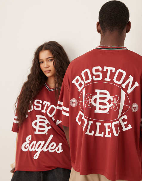 ASOS DESIGN unisex boxy oversized t-shirt with Boston College Eagles prints in burgundy - view 1