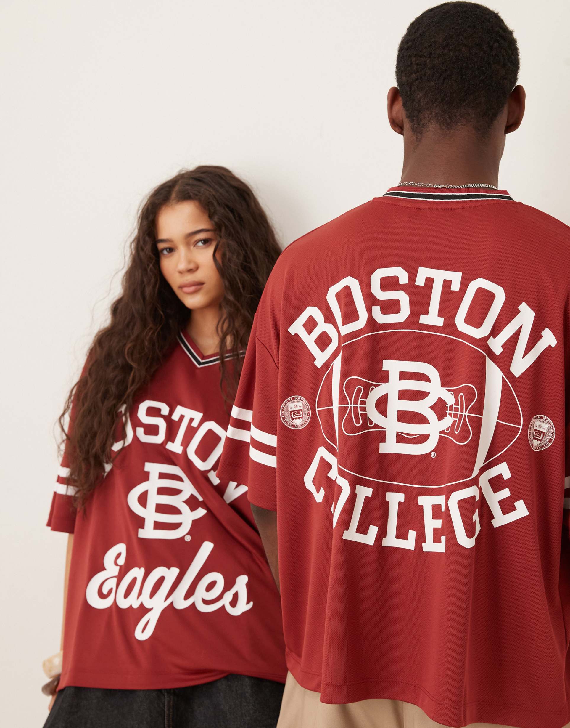 asos design unisex boxy oversized t-shirt with boston college eagles prints in burgundy