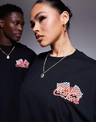 Asos Design Unisex Boxy Oversized T-shirt With Coca Cola Racing Prints In Black