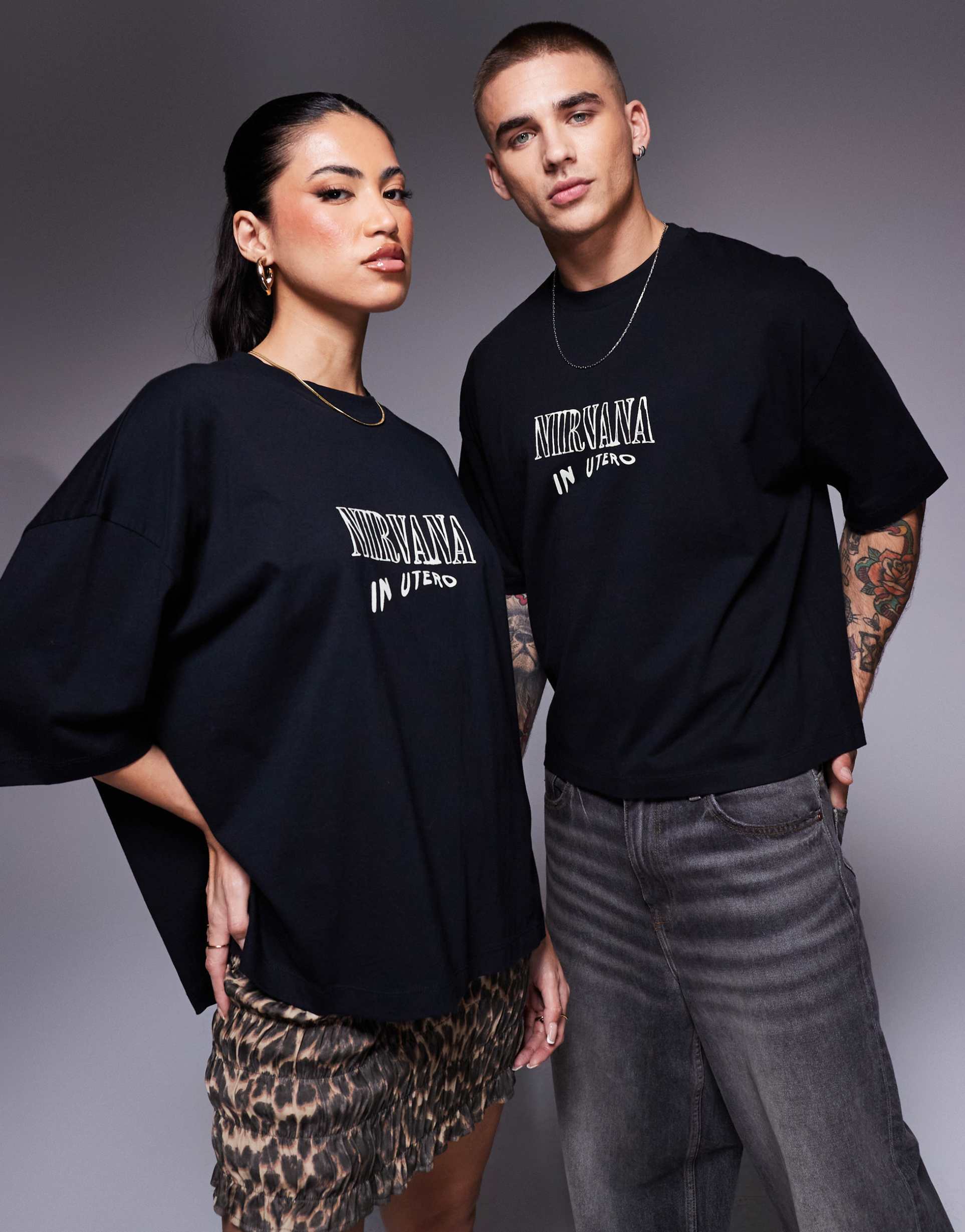 asos design unisex boxy oversized t-shirt with nirvana in utero prints in black
