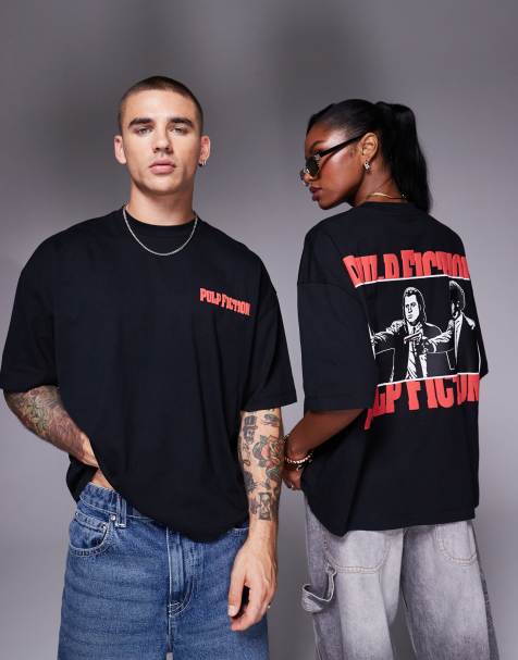 ASOS DESIGN unisex boxy oversized t-shirt with Pulp Fiction prints in black - view 1