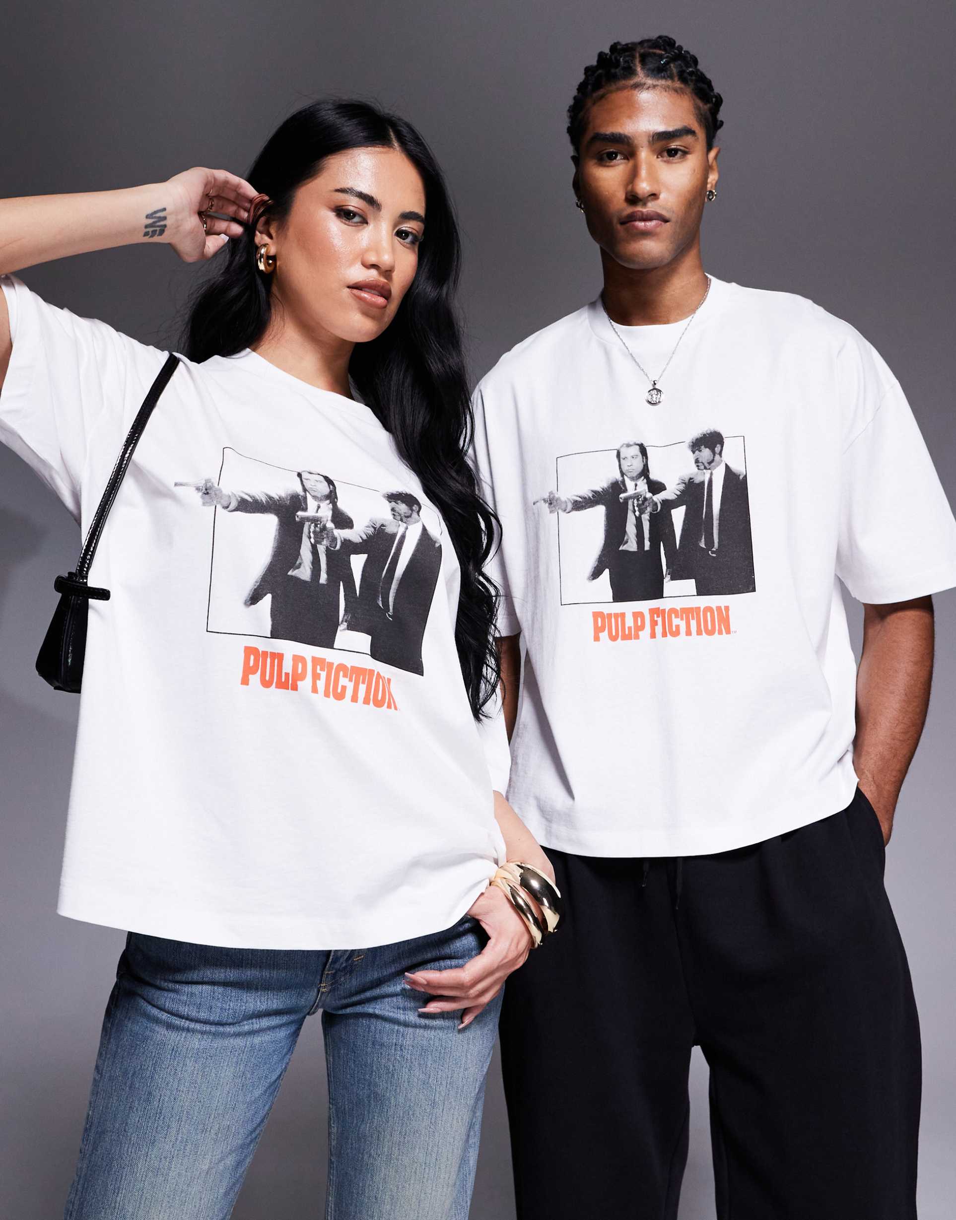 asos design unisex boxy oversized t-shirt with pulp fiction prints in white