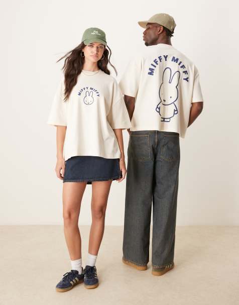 ASOS DESIGN unisex boxy oversized waffle texture t-shirt with Miffy prints in stone - view 1