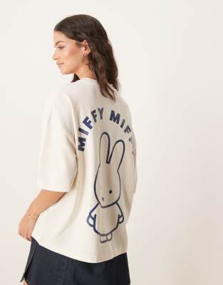 Asos Design Unisex Boxy Oversized Waffle Texture T-shirt With Miffy Prints In Neutral