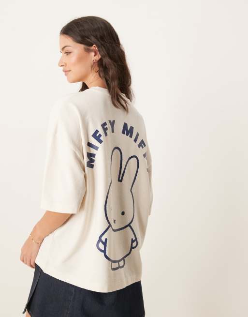 ASOS DESIGN unisex boxy oversized waffle texture t-shirt with Miffy prints in stone