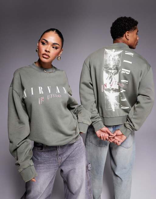 ASOS DESIGN unisex boxy Relaxed sweatshirt with Nirvana prints in washed khaki, 2 of 4