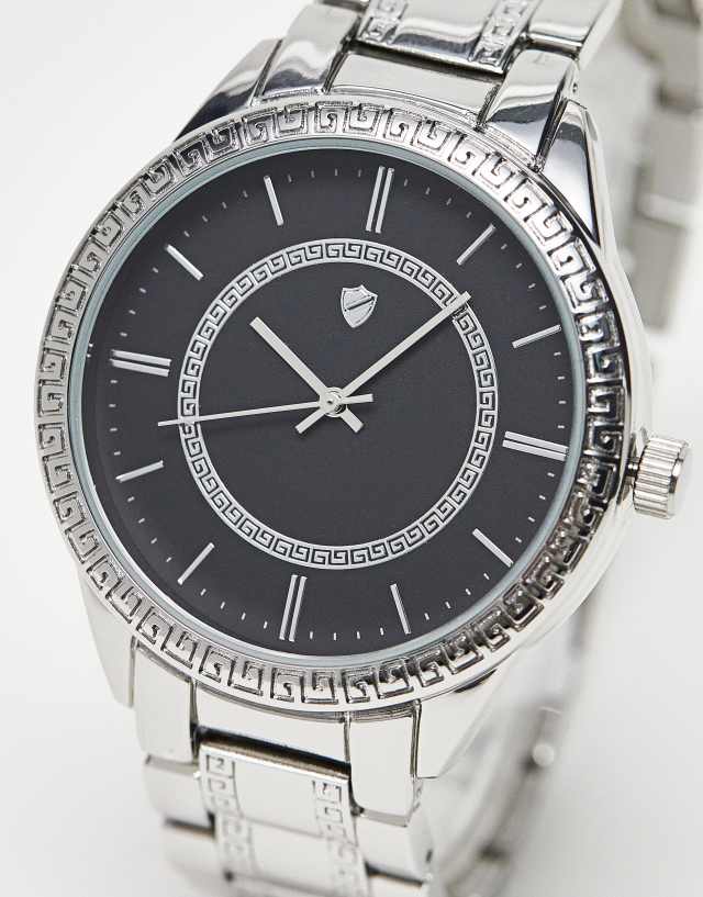 ASOS DESIGN unisex chunky bracelet watch with black face and greek wave detailing in silver tone