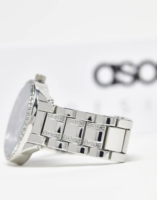 ASOS DESIGN unisex chunky bracelet watch with black face and greek wave detailing in silver tone ASOS