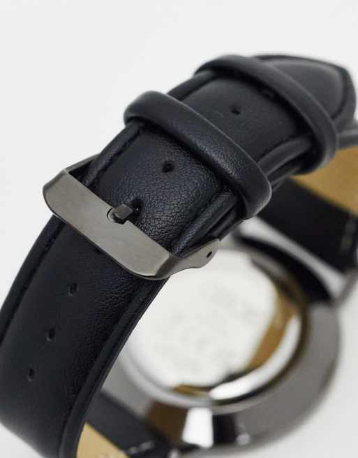 ASOS DESIGN unisex classic watch with monochrome face and faux leather strap in black, 4 of 4