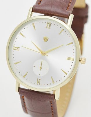 ASOS DESIGN unisex classic watch with white face and faux leather croc strap in brown