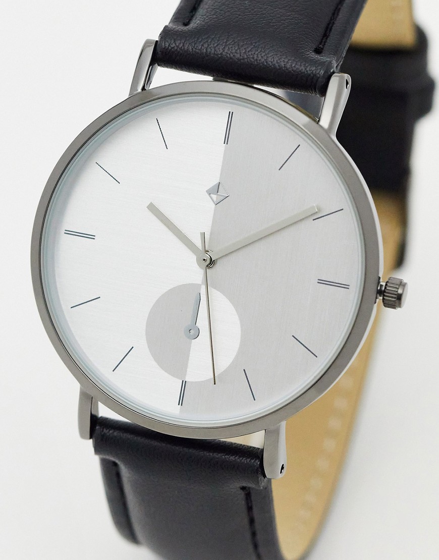 ASOS DESIGN unisex classic watch with white face and faux leather strap in black