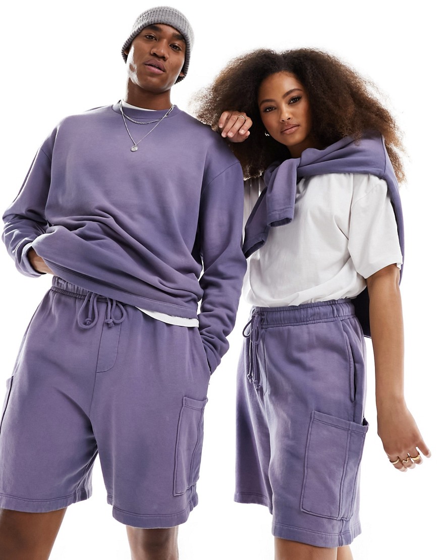ASOS DESIGN unisex co-ord oversized shorts with cargo pocket in washed purple-Blue
