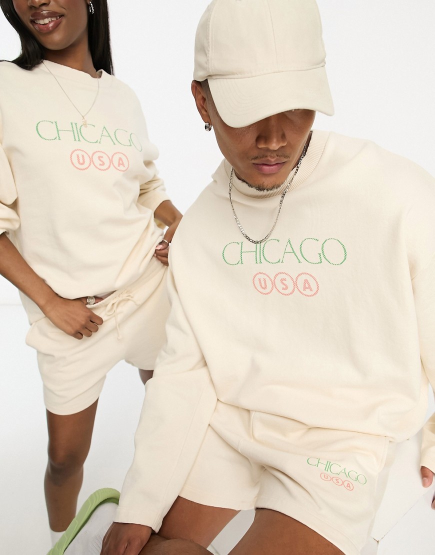 ASOS Design unisex co-ord oversized sweatshirt with front print in beige-White