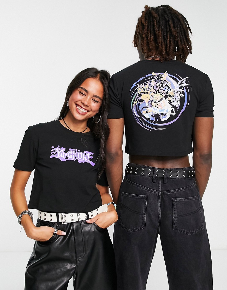 ASOS DESIGN unisex cropped fitted t-shirt with Yu Gi Oh print in black