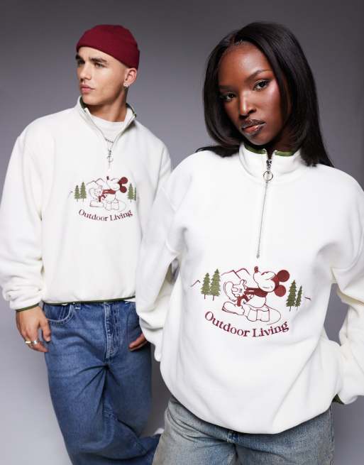 ASOS DESIGN Unisex – Disney – Beżowa pudełkowa bluza polarowa oversize z wysokim kołnierzem i haftowanym motywem Myszki Miki