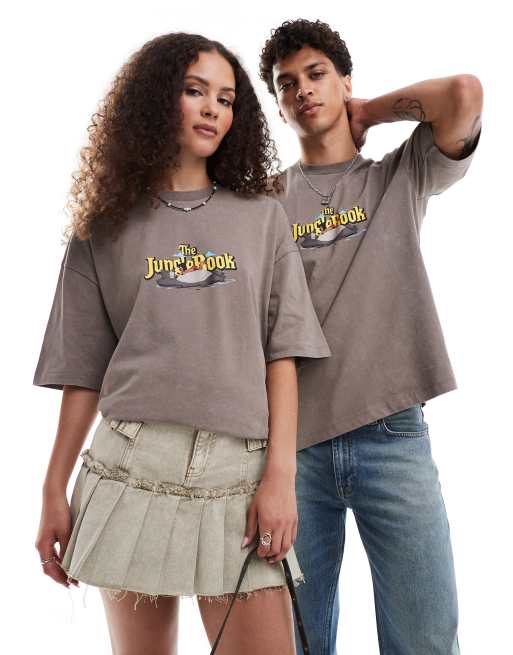 ASOS DESIGN Unisex – Disney – Brązowy T-shirt oversize z efektem sprania, nadrukiem i napisem „The Jungle Book” na piersi