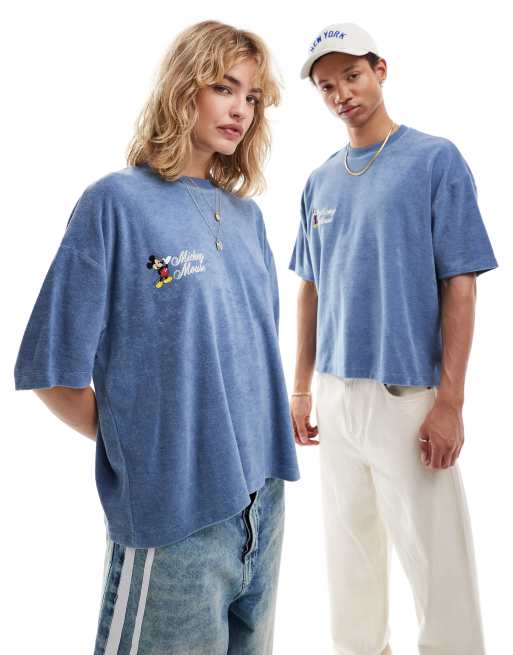 ASOS DESIGN Unisex - Disney - Oversized T-shirt med tekstur og 'Mickey Mouse'-print i forvasket blå - Del af sæt