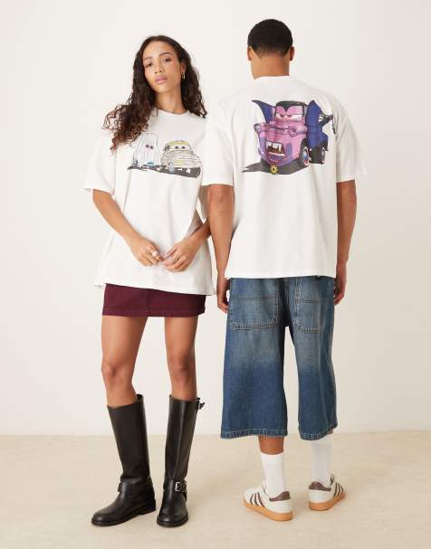 ASOS DESIGN Unisex Disney Pixar Halloween oversized t-shirt with Cars prints in off white - view 1