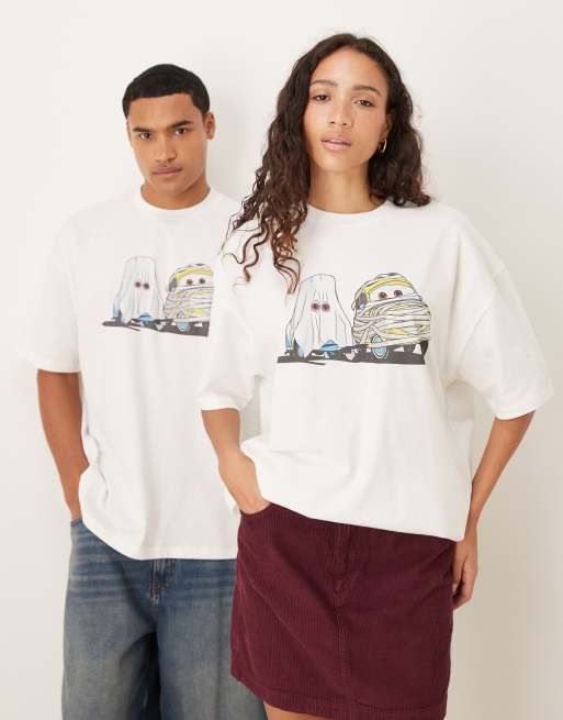 ASOS DESIGN Unisex Disney Pixar Halloween oversized t-shirt with Cars prints in off white