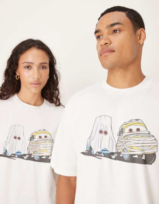 ASOS DESIGN Unisex Disney Pixar Halloween oversized t-shirt with Cars prints in off white