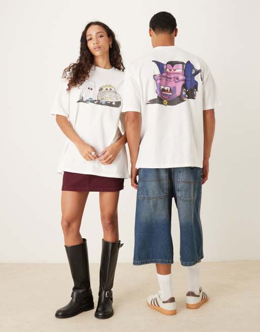 ASOS DESIGN Unisex - Disney Pixar Halloween - T-shirt oversize avec imprimés Cars - Blanc cassé