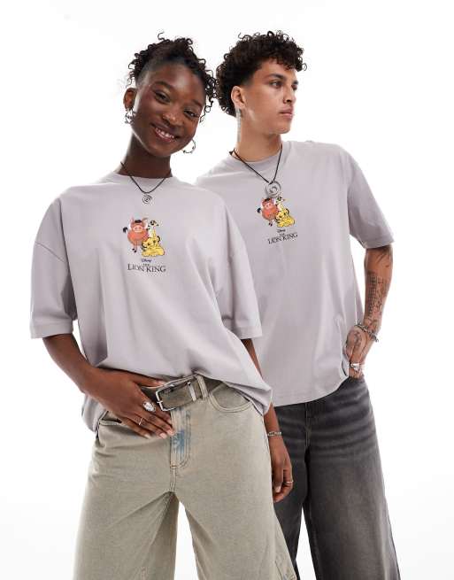 ASOS DESIGN Unisex – Disney – Szary T-shirt oversize z nadrukiem z motywem Króla Lwa