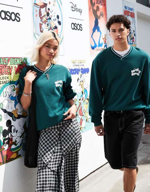 ASOS DESIGN Unisex – Disney – Zielona pudełkowa bluza z dekoltem w szpic i nadrukiem Myszki Miki