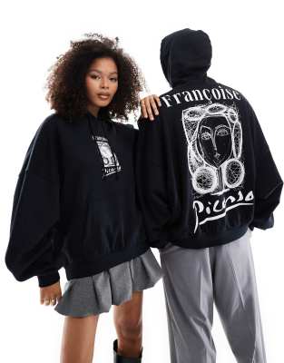 unisex extreme oversized hoodie with Picasso drawing prints in black