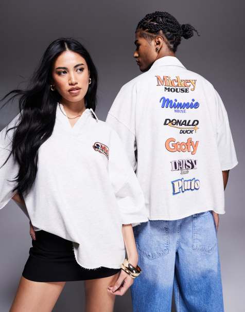 ASOS DESIGN Unisex extreme oversized short sleeve polo shirt with embroidered Disney logos in white - view 1