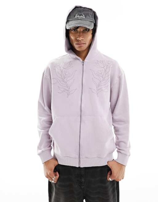 ASOS DESIGN Unisex – Fioletowa zapinana na zamek bluza oversize z kapturem, efektem sprania i nadrukiem kwiatów