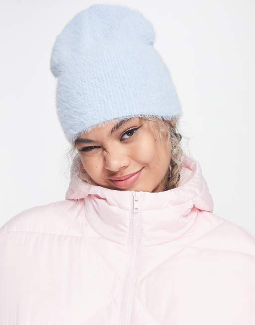 ASOS DESIGN Unisex fluffy skull beanie in baby blue