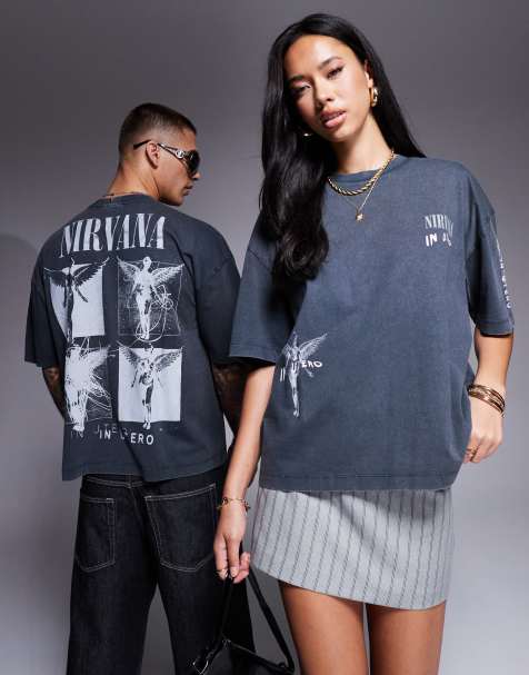 ASOS DESIGN - Unisex - Forvasket sort og firkantet T-shirt med Nirvana-print - view 1