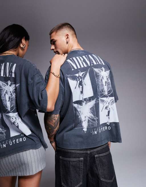 ASOS DESIGN - Unisex - Forvasket sort og firkantet T-shirt med Nirvana-print, 2 af 4