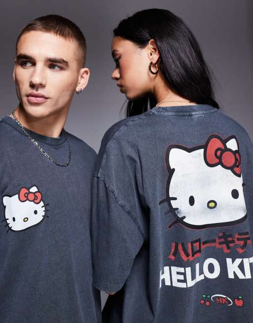 ASOS DESIGN - Unisex - Forvasket sort og oversized T-shirt med Hello Kitty-print