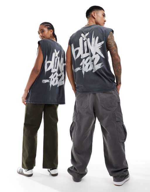 ASOS DESIGN - Unisex - Forvasket sort og oversized top med grafisk Blink 182-print