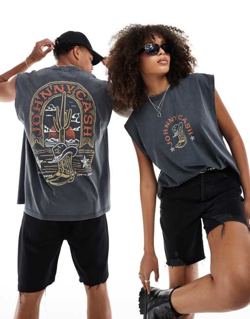 ASOS DESIGN Unisex - Forvasket sort og oversized top med grafisk Johnny Cash-print