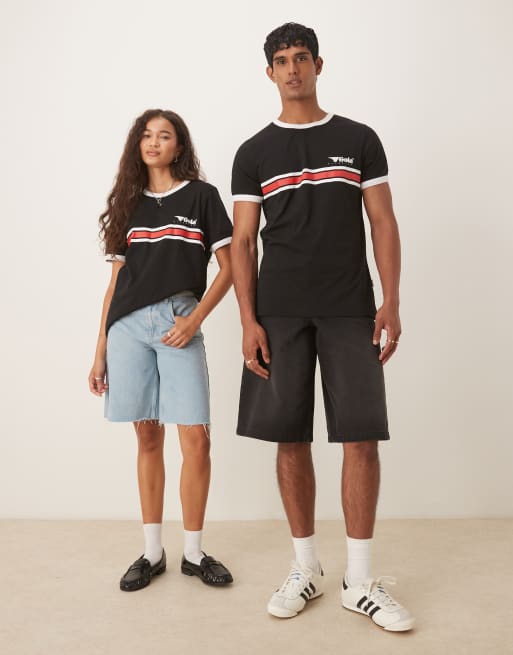 ASOS DESIGN unisex Gola regular fit t-shirt with stripe detail in black, 2 of 4
