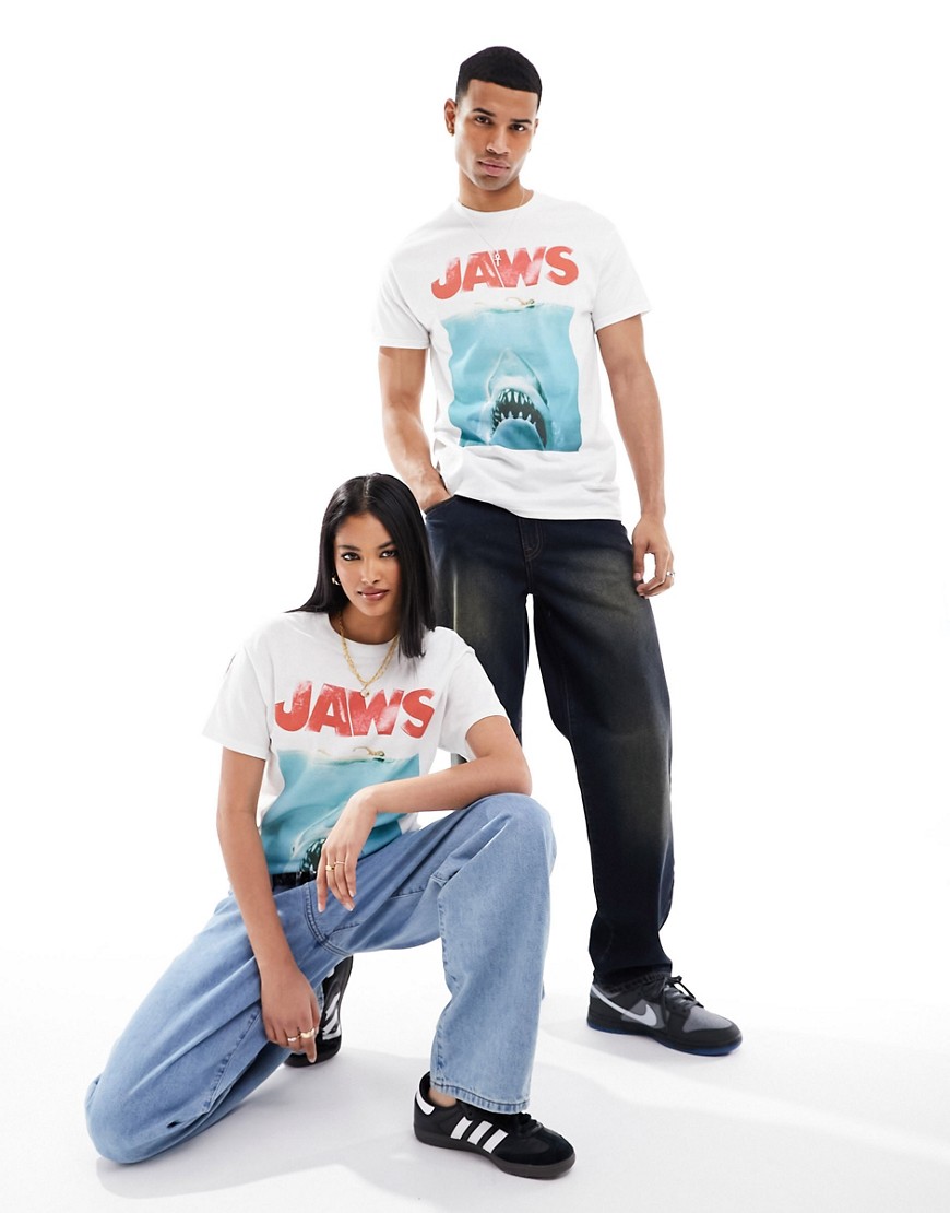 ASOS DESIGN unisex graphic license tee in white with JAWS print