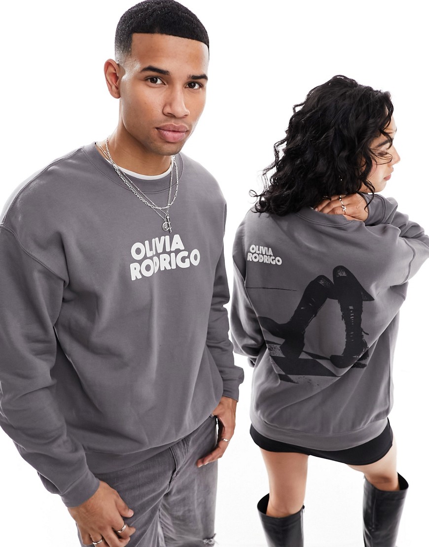ASOS DESIGN unisex graphic sweatshirt in charcoal with Olivia Rodrigo prints - CHARCOAL-Grey